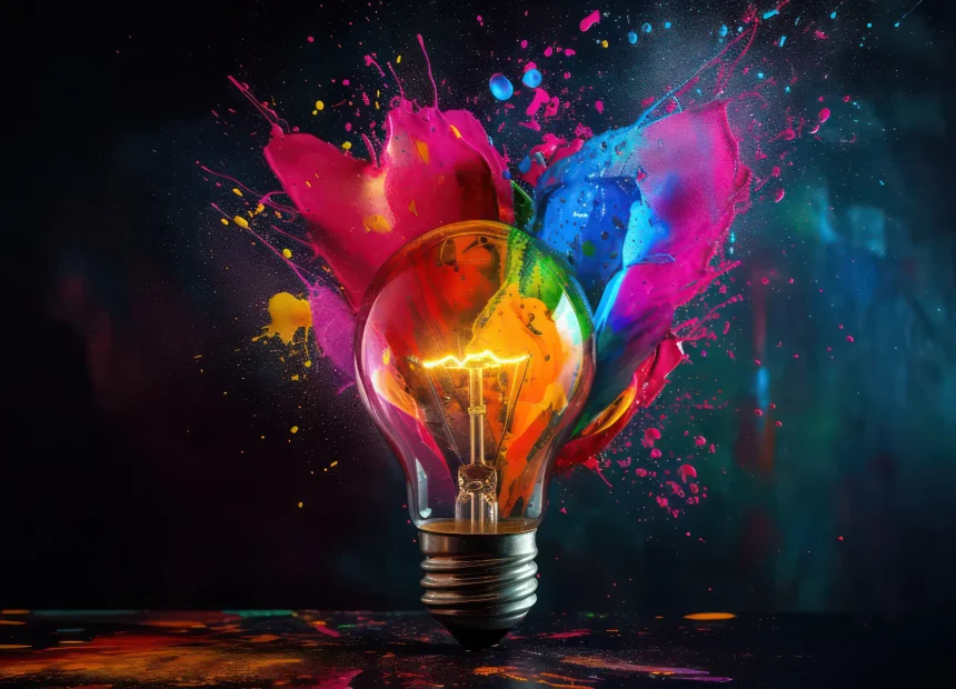 creative-light-bulb-explodes-with-colorful-paint-splashes-shards-glass-black-background